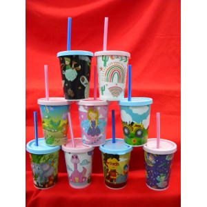 VASO CONICO ESTAMPADO  300CC CON TAPA Y SORBETE