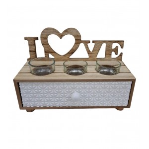 PORTAVELA MADERA 3 vasitos vidrio + CAJON+LOVE