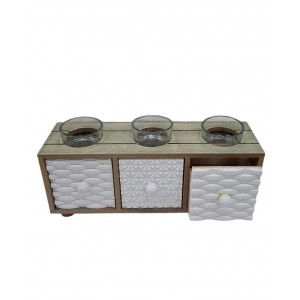 ADORNO MADERA  PORTAVELA 3 VASITOS+3 CAJONES