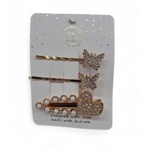 SET INVISIBLES + PICO DORADOS CON STRASS Y PERLAS
