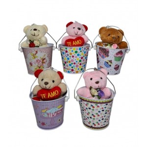 BALDE METAL DECORADO 7X7 CON PELUCHE TE AMO