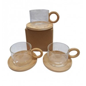 TAZA DE VIDRIO CON ASA Y PLATO BAMBOO 13X6CM