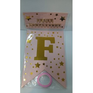 BANDERIN FELIZ CUMPLEA&Ntilde;OS ROSA  ESTRELLAS